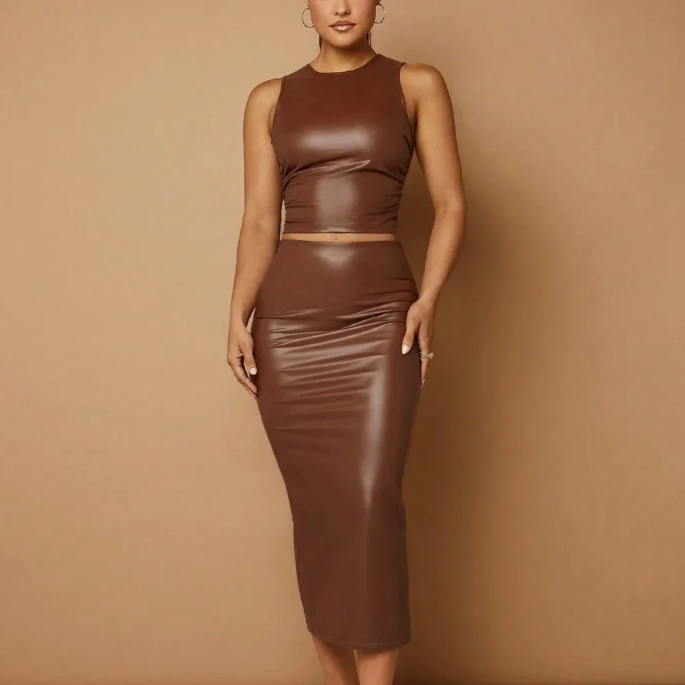 Brown Elegant Womens Solid PU Leather Tank Top & Pencil Skirt - Picture 2 of 5